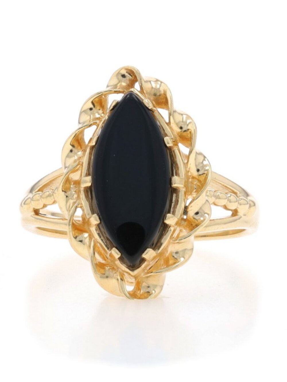 Yellow Gold Onyx Cocktail Solitaire Ring - 14k Marquise Cabochon Rope Twist